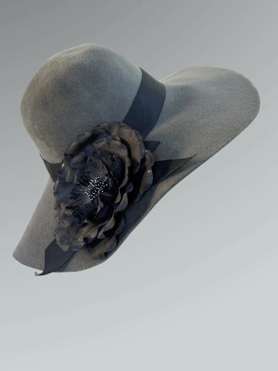 Marilyn Melrose Custom Hat Gray Wool Felt Black Flower and Grosgrain Ribbon